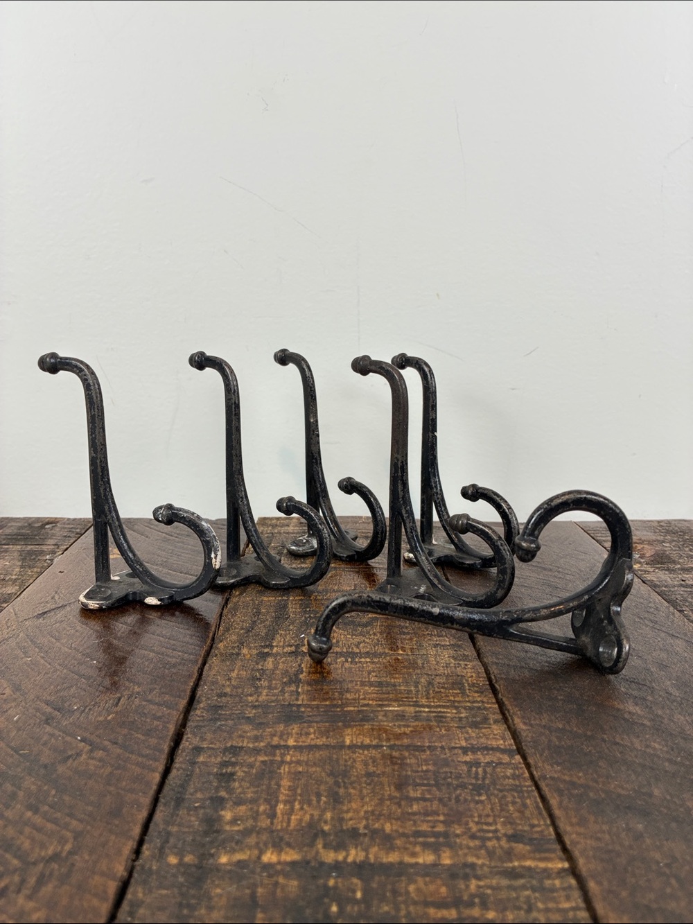 Vintage Black Decorative Wrought Iron Wall Hooks Set of 6 Heavy Duty Cottage